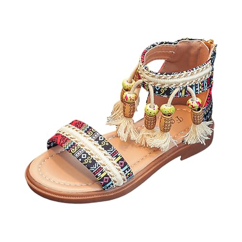 Girls Summer Bohemian Sandals Kids Summer Beach Vacation Open Toe Ankle Strap with Tassel Flat Gladiator Sandal