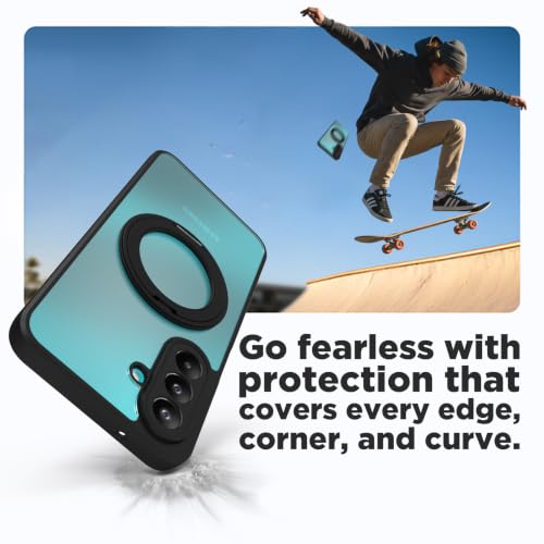 Image of RIGGEAR Shockproof Sleek Hybrid Armor 360 Rotating Magnetic Ring Stand Back Cover Case Compatible with MagSafe Accessories for Samsung Galaxy M47 5G (Clear PC + Black TPU Bumper)