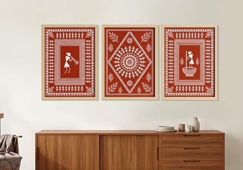 Image of ARAkri Warli Art Paintings, Red and Terracota color Wall Art set, Traditional Wall decor Ideas, Framed Art set of 3, Living Room Bedroom Decor (ART 6, 13 X 17 INCH)