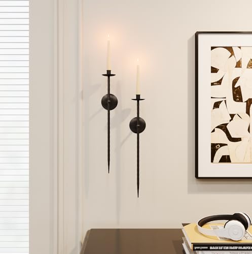 Candle Wall Sconce Set of 2, Large Twisted Wall Mount Metal Black Candle Holder Sconces Decor for Living Room Farmhouse Fireplace Wedding 23.5