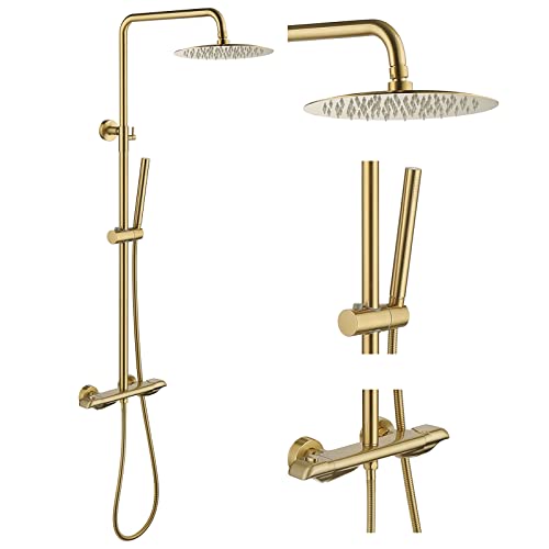 RBROHANT Exposed Gold Shower System with Brass Thermostatic Shower Valve, Exposed Shower Faucet Set with Height Adjustable 10 Inch Rain Shower Head and Handheld, Dual Function, Wall Mounted