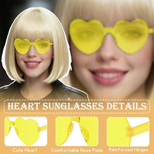 Image of PLULON Blonde Short Bob Wig with Bangs for Women, Colorful Neon Short Bob Synthetic Hair Wigs with Hair Cap Heart Sunglasses for Girls Daily Bachelorette Halloween Costume Party Supplies
