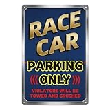Race Car Parking Only – 8x12 Inch Metal Tin Sign, Gold & Black Text Wall Decor, Blue Background Plaque, Chrome-Style Border, Funny Garage Metal Wall Art