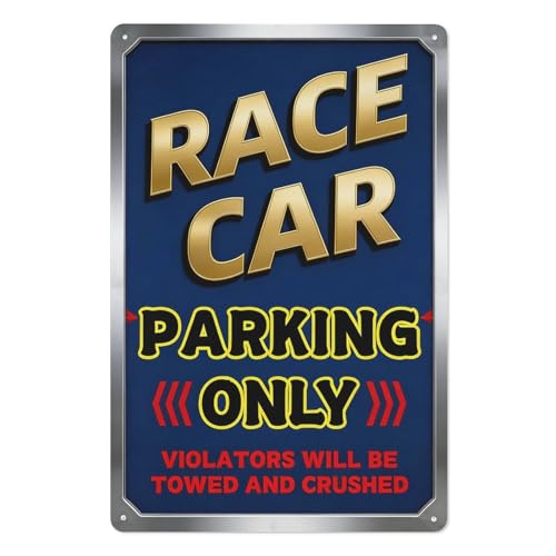 Race Car Parking Only – 8x12 Inch Metal Tin Sign, Gold & Black Text Wall Decor, Blue Background Plaque, Chrome-Style Border, Funny Garage Metal Wall Art