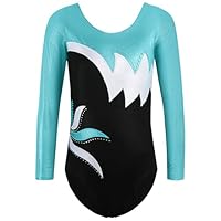 ZNYUNE Mädchen Gymnastikanzug Langarm Kinder Glänzende Turnanzug mit Strasssteine B197 BlackAqua 14A