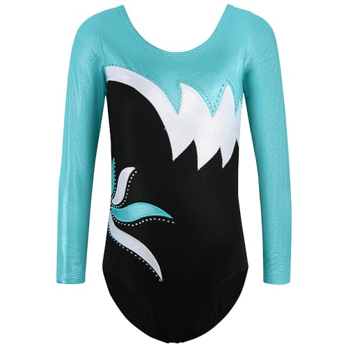 ZNYUNE Mädchen Gymnastikanzug Langarm Kinder Glänzende Turnanzug mit Strasssteine B197 BlackAqua 14A