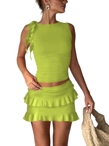 Image of 2 Piece Sets for Women Y2k Going Out Ruffle Trim Ruched Tank Top And High Waist Skirt Set Club Mini Dress