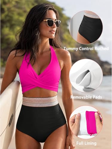 Image of B2prity Women's One Piece Swimsuit Tummy Control High Waisted Bathing Suit | Color Block,Removable Soft Cups,Cutout,V neck,Full Coverage,Adjustable Criss Cross Straps,Tie Back