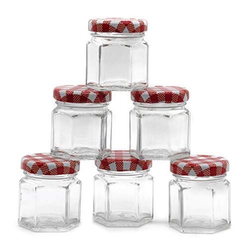 Image of Hexagonal 50 grams Airtight Glass Jar Containers for Honey, Spices & other Kitchen Items with Rust Proof Red Check Caps -Set of 06