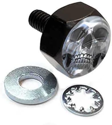 Custom Vivid Black Billet Aluminum Hex Fender Seat Bolt for 1996 - Up Harley Road Street Glide Dyna Sportster Softail 1/4-20 Thread Pitch - Silver Skull Face