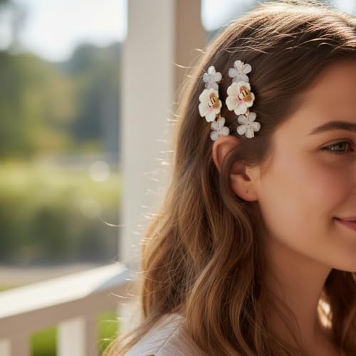 Image of Alvero 2Pc Elegant Flower Hair Clips for Women, Translucent Floral Barrettes with Pearl & Crystal Rhinestone, Cute Korean Style Clips for Wedding, Party - 6 x 2 x 1.5cm (Pack of 2 Piece) (White)