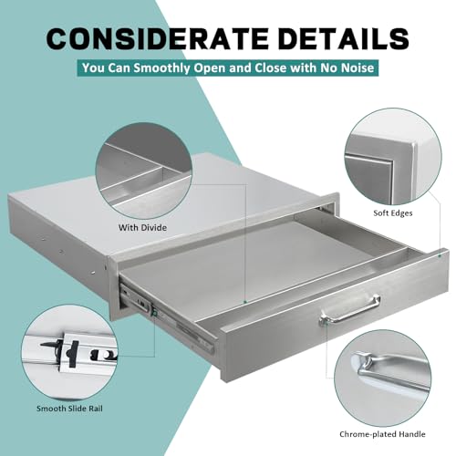 Image of Outdoor Kitchen Drawers 30 inch W x 6.5 inch H x 23 inch D Stainless Steel Drawer BBQ Single Drawers with Chrome Handle for Outdoor Kitchen Island, Patio Grill Station