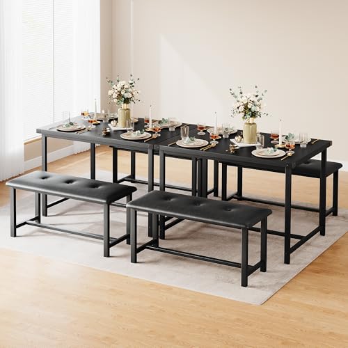 IDEALHOUSE Dining Table Set for 4, Kitchen Table with Upholstered Bench, 3 Piece Rectangular Dining Room Table Set with 2 Benches, for Small Space, Apartment, Studio, Home, Retro Black
