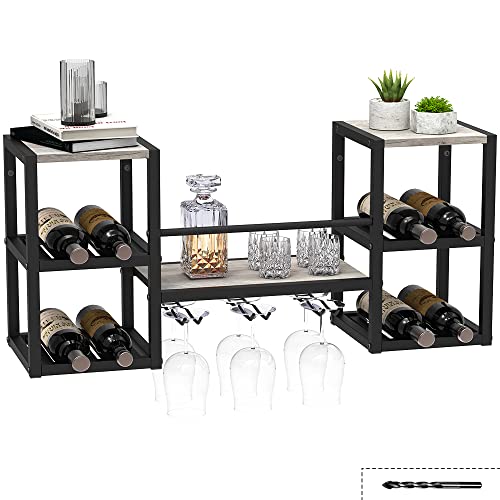 Giftgo Industrial Greige Wall Mounted Wine Rack With 3 Steam Glass Holder Partial Wood Shelf Black Metal Bottle Holder Multi Functional Wine Storage Display Rack For Home Bar Dining Room Kitchen #TOP7