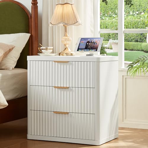 Image of LEYAOYAO 23 inch Wide Fluted Farmhouse Night Stand Set of 2 with Charging Station, 3 Drawers Large End Table w /Metal Handle,Wood Nightstand for Bedroom, Closet,Antique White