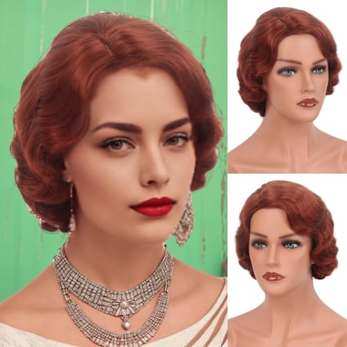 STfantasy Marrone rossiccio Donna 1920 Parrucche ricce corte con risvolto sintetico resistente al calore Parrucca completa per Halloween Cosplay Costume Party