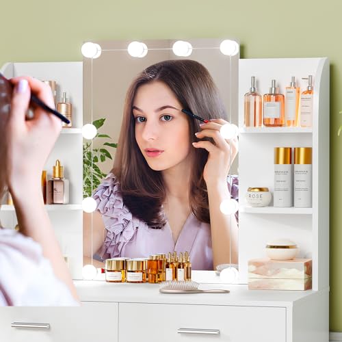 usikey Vanity Desk with Mirror & Lights, Makeup Vanity Table with 2 Large Drawers, 6 Storage Shelves & Stool, Bedroom Dressing Vanity Table with 3 Color Light Adjustable, White