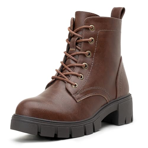 Vepose Women's Lace-Up Combat Ankle Boots with Chunky Platform Heel