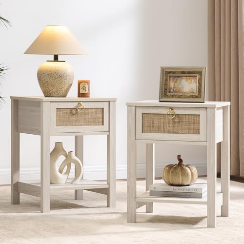 SICOTAS White Nightstand Set of 2,Rattan Decor...