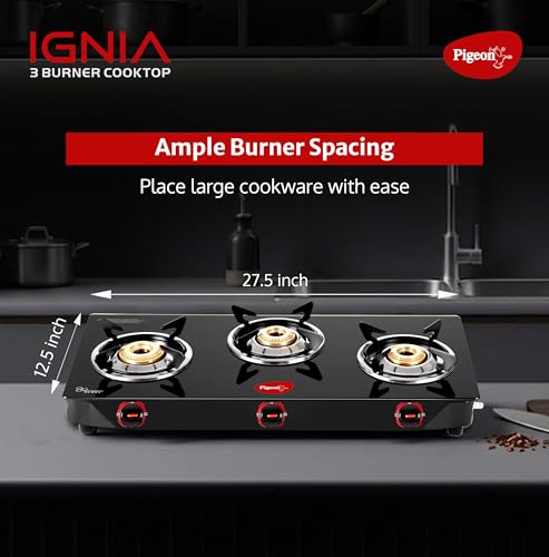 Image of Pigeon Ignia 3 Burner Gas Stove | Brass Burner | Easy Cleaning | Toughened Glass | 2 year Warranty
