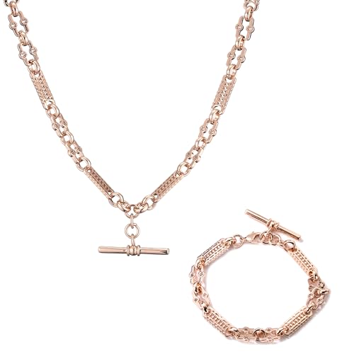 THE BLING KING Luxury Rose Gold Stars and Bars T-Bar and Chain Set Adjustable Rose Gold Star & Bars Bracelet with T-Bar (Necklace Length: 20, Bracelet Length: 8-8.5)