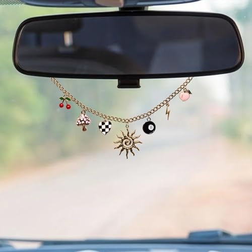 Car Rear View Mirror Hanging Accessories for Women Cute Car Decor Jewelry Charm Mushroom Cherry 8 Ball Aesthetic Rearview Ornament Pendant Dashboard Decorations Truck Interior Girl Girly Hanger