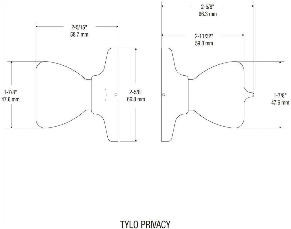 Technical drawing of Kwikset Tylo Privacy Door Knob with dimensions