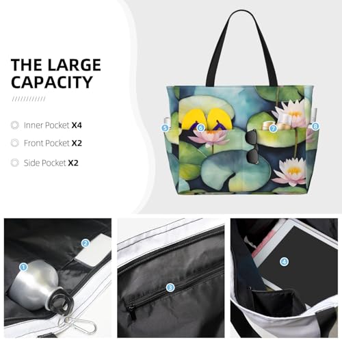 Large Capacity Beach Bag Waterproof Pool Tote for Gym Swimming Camping Carry On Bag Black Lily Pads Print4