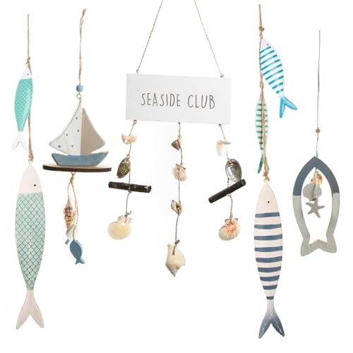 Logbuch-Verlag Set de 5 accesorios colgantes marinos de madera natural en tonos beige y azul - colgantes decorativos estilo marino y náutico