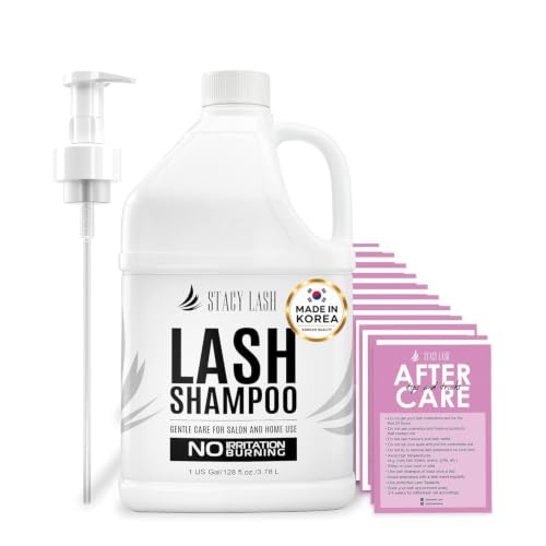 STACY LASH Eyelash Extension Shampoo 1US Gal / 128 fl.oz. / 3.78L / Eyelid Foaming Cleanser/Safe Wash for Extensions &amp; Natural Lashes/Supplies for Professional &amp; Home Use / 50 Aftercare Cards