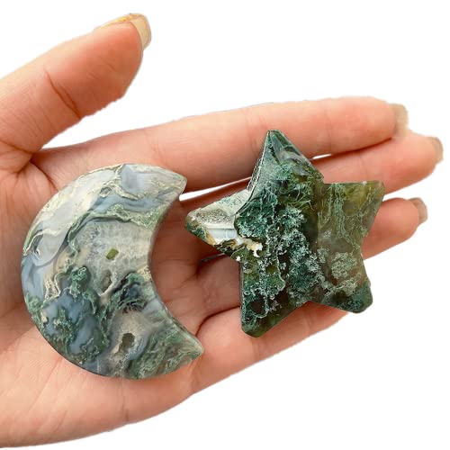 Natural Moss Agate Crystal Star Moon Shape Gemstones Crystal Carving Crafts Palm Stone Tumbled Polished Chakra Stone Worry Stone DIY Jewelry Making