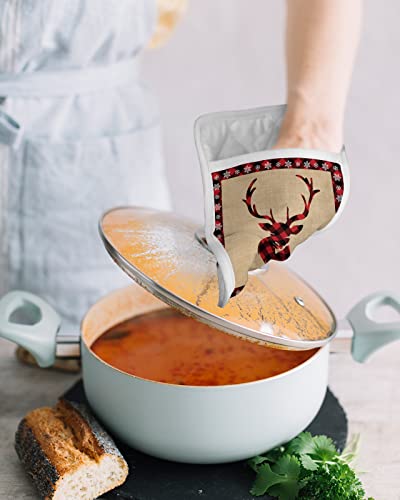 Christmas Plaid Reindeer Pot Holders With Pocket For Kitchen, Heat-Resistant Potholders Set Of 2, Hot Pads Oven Mitts With Hanging Loops For Home Cooking Baking Microwave, Buffalo Check #TOP3