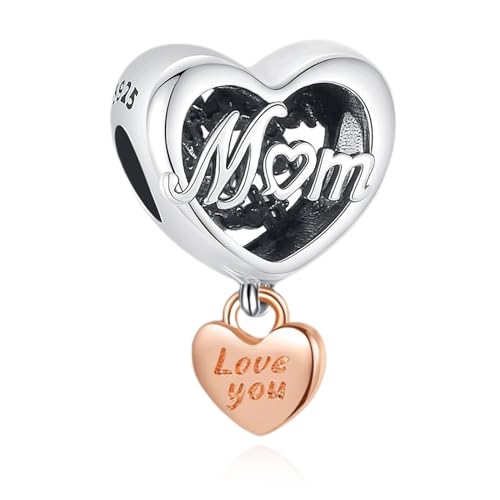 Amuefer Ti amo mamma Cuore Charm Compatibili Bracciale Collana, Argento Sterling Ciondolo Compleanno Natale Gioielli Regali per le Donne Moglie Amici