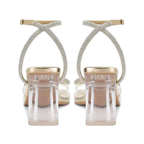 Image of ISNOM Clear Heels for Women with Square Toe, Wedding Heels with Bow | Chunky Heels, Sparkly Heels, PVC, Party, Festive, Gift, Paired with Daily Wear, Wearing It All Day