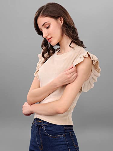 Image of SXV Solid Beige High Neck Ruffle Sleeve Velvet Top