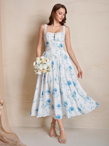 Image of KUTUMAI Women Summer Corset Midi Floral Wedding Guest Dresses with Pockets | Lace Neck, Smocked Back, Flowy A Line Sundress for 2026 Engagement Photoshoot Bridal Shower Garden Party