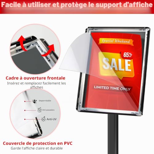 VAIIGO Lot de 3 Porte Affiche A3 robuste sur Pied - Base fonte lestée, Rotation 360°, Cadre Clipsable - Présentoir Panneau Affichage Extérieur – Pour Avis, Publicité, Porte Menu Restaurant | Noir – vue 6