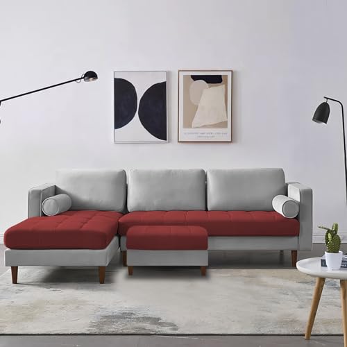 Image of Lezra LHS 4 Seater L Shape Sofa Set with Center Table for Living Room (Maroon Grey Fabric) Premium Fabric Sofa
