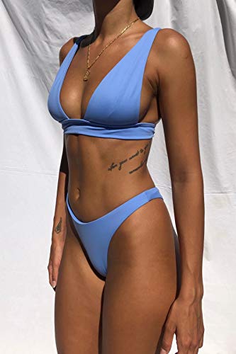 Hatant Bikini Sets For Women Two Piece Swimsuit V Neck Push Up Triangle Top With High Waisted Shorts Bathing Suit Beachwear Fashion Sports Bikini Sets Blue-M #TOP3