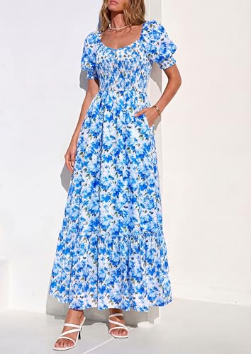 PRETTYGARDEN Women's Floral Boho Maxi Dresses Flowy Short Sleeve A Line Smocked Eyelet 2026 Summer Beach Vacation Clothes (Floral Bright Blue,Medium) — view 6