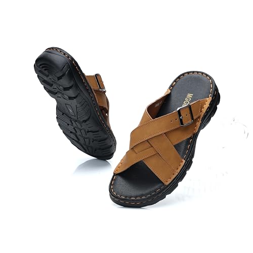 MGGMOKAY Sandalias de hombre de cuero natural,Verano Cómodo Apoyo Sandalias Planas,Sandalias Hombres para Interiores y Exteriores,Tan,44