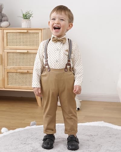 Image of YALLET Toddler Baby Boy Clothes Suit Gentleman Wedding Outfits Formal Dress Shirt+Bowtie+Suspender Pants