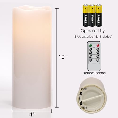 Image of Eldnacele 10 inchx4 inch Large Waterproof Outdoor Flameless Candles Remote and Timer, Battery Operated White Plastic LED Flickering Pillar Candles 2 Pack for Dinner Wedding Porch Garden Lanterns Home Decor