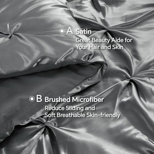 Image of BEDELITE Satin Comforter Set Queen Size, 7 Pieces Pintuck Bed in A Bag with Comforter, Flat Sheet, Fitted Sheet, Pillowcases, Shams, Soft Similar to Silk Bed Set for All Seasons (Dark Grey)