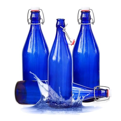 Image of Pure Source India Leak-Proof Reusable Blue Glass Water Bottle 1L with Airtight Steel Lock (Set of 10)