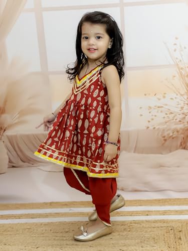 Image of BownBee Halter Neck Pure Cotton Fish Print Kurti with Harem for Girls- (Set of 1) Solid /Printed colorful full length fully stitched regular fit Ethnic wear dress for Kids