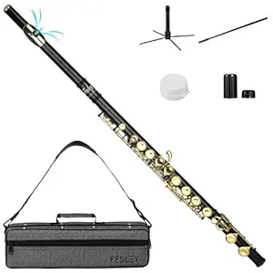 Fesley C Flutes Closed Hole, 16 Keys Flute Instrument, Student Flute for Beginners, Beginner Flute with Cleaning Kit, Case, Stand, Joint Grease, Tuning Rod, Gloves, Black/Gold