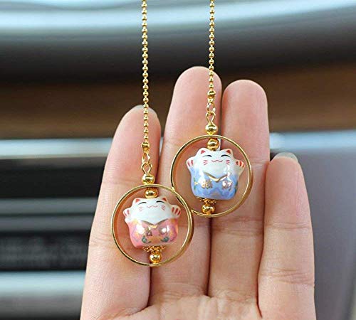 ButerDem Maneki Neko - Feng Shui Pendentif avec Chat Japonais Porcelaine - Porte-Bonheur Traditionnel (Rose & Bleu)
