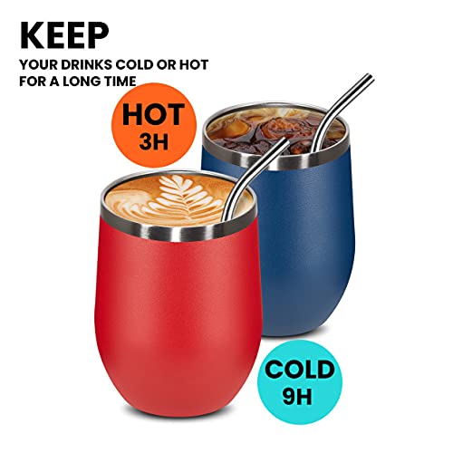 Coktik 12Oz 12 Pack Wine Tumbler With Lid Stemless Insulated Wine Glasses Double Wall Vacuum Stainless Steel Travel Tumbler For Cold & Hot Drinks Wine Coffee Cocktails, Navy #TOP2