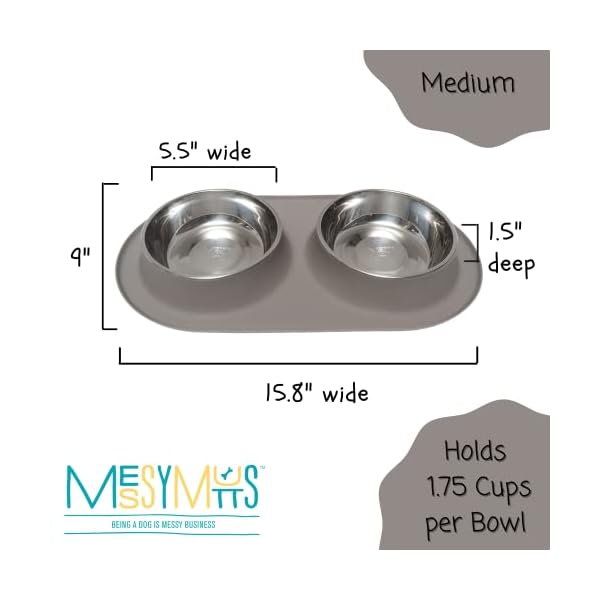 Messy Mutts Double Silicone Feeder with Stainless Bowls | Non-Skid Food Dishes for Dogs for All Pets | Dog Food Bowls | Medium, 1.5 Cups Per Bowl | Grey Messy Mutts Double Silicone Feeder with Stainless Bowls | Non-Skid Food Dishes for Dogs for All Pets | Dog Food Bowls | Medium, 1.5 Cups Per Bowl | Grey
